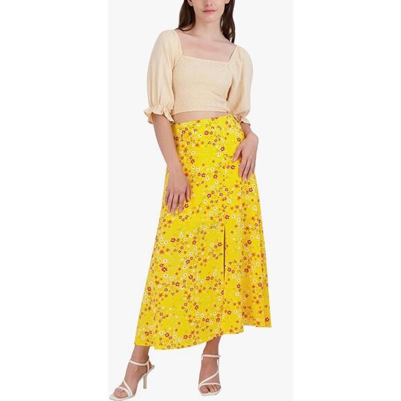 BCBGeneration Fit and Flare Elastic Waistband Midi Skirt Yellow Floral M NWT - Picture 4 of 13